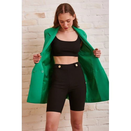 Düğme Detaylı Çelik Şort Siyah