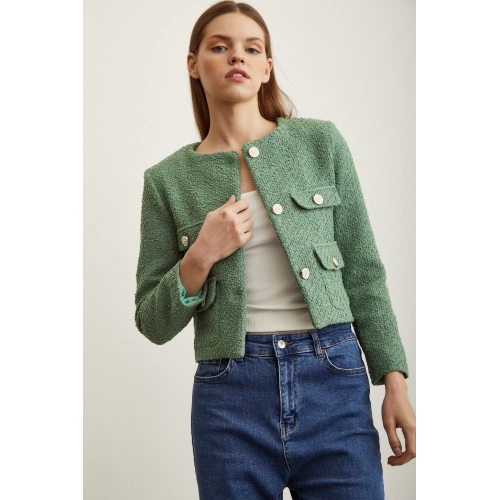 Düğme Detaylı Tüvit Ceket Yeşil