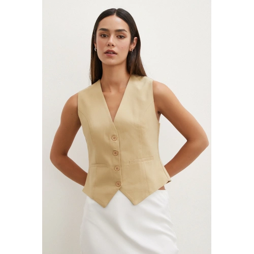 Düğmeli Keten Yelek Camel