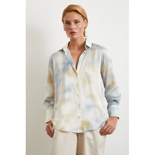 Ebruli Desen Saten GömleK Buz Mavisi