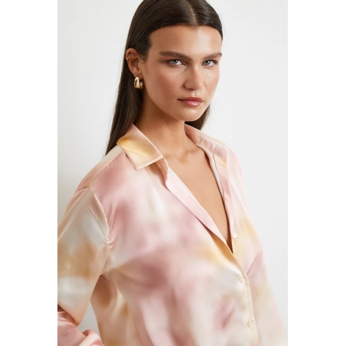 Ebruli Desen Saten GömleK Pembe