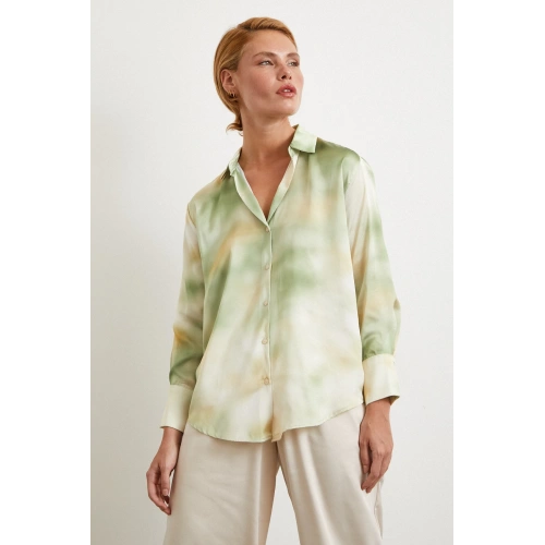 Ebruli Desen Saten GömleK Yeşil