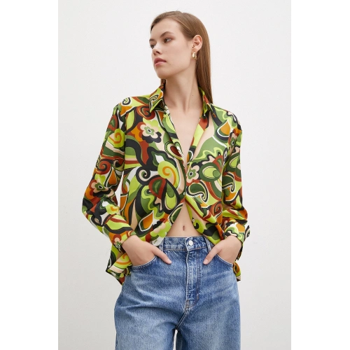 Ebruli Desenli Saten Gömlek Yeşil