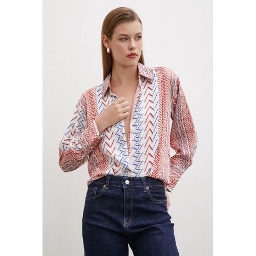 Etnik Çizim Desenli Gömlek Kırmızı