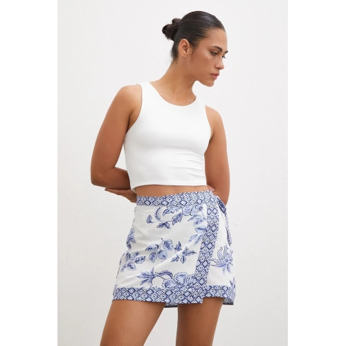 Etnik Desen Mini Etek Mavi