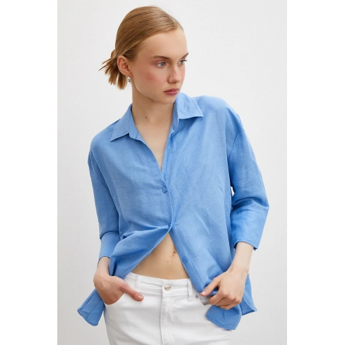 Fakir Kol Keten Gömlek Mavi