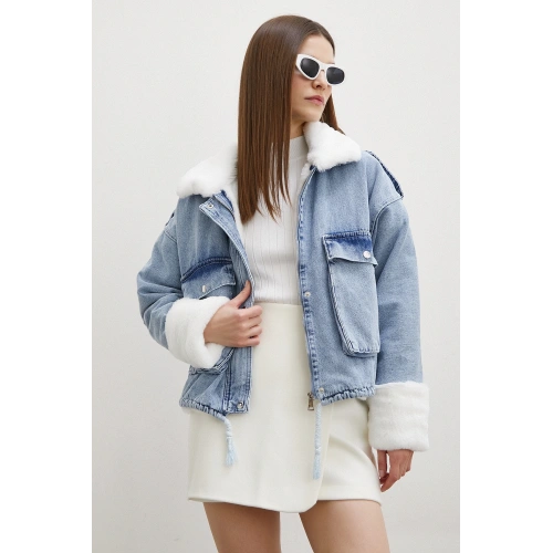 Fermuarlı Kürklü Kot Mont Mavi