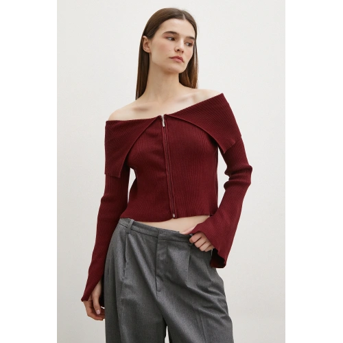 Fermuarlı Mendil Yaka Hırka Bordo