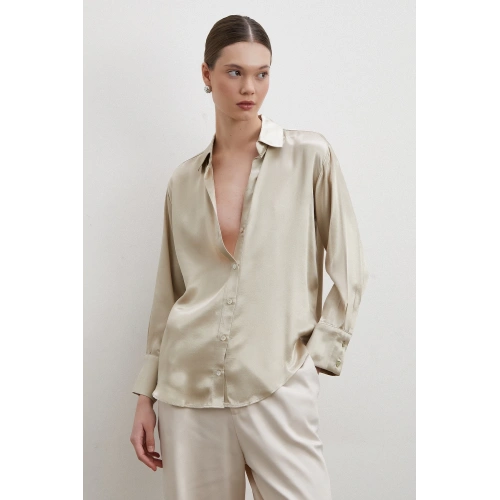 Floş Basic Saten Gömlek Bej