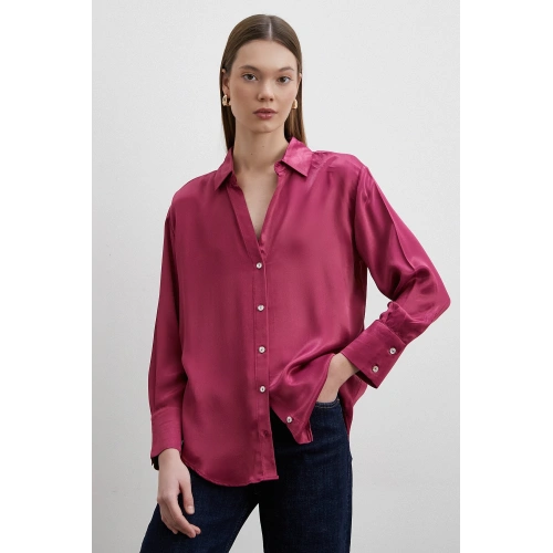 Floş Basic Saten Gömlek Mürdüm