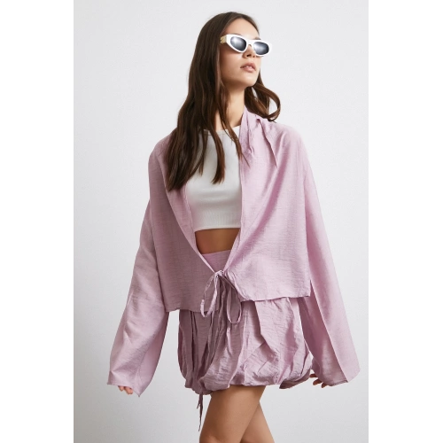 Geniş Kol Önden Bağlamalı Bluz Lila