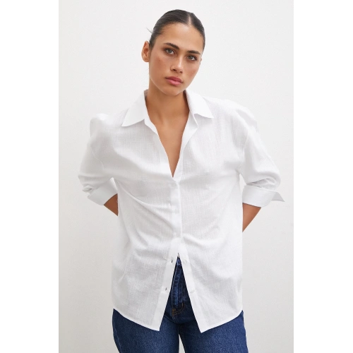 Geniş Manşetli Keten Gömlek Beyaz