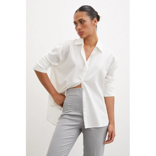 Geniş Manşetli Keten Gömlek Ekru