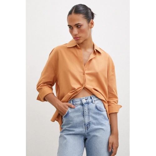 Geniş Manşetli Keten Gömlek Kahve