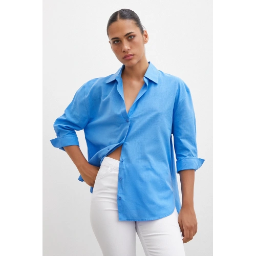 Geniş Manşetli Keten Gömlek Mavi