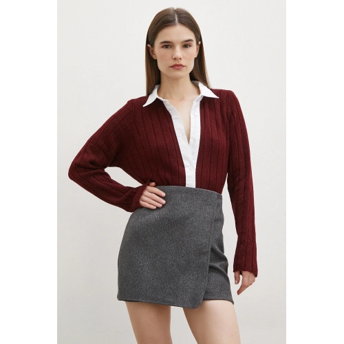 Gömlek Yaka İpek Hırka Bordo