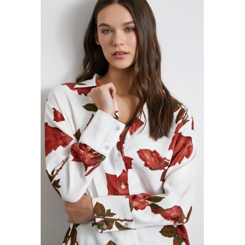 Gül Baskılı Saten Gömlek Beyaz