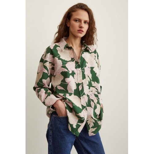 Gül Desenli Poplin Gömlek Yeşil