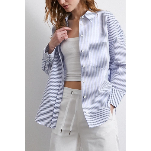 İnce Çizgili Gömlek Mavi