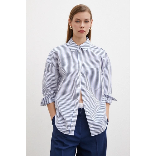 İnce Çizgili Poplin Gömlek Mavi