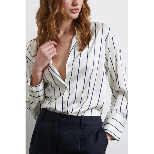 İnce Çizgili Şifon Gömlek Ekru