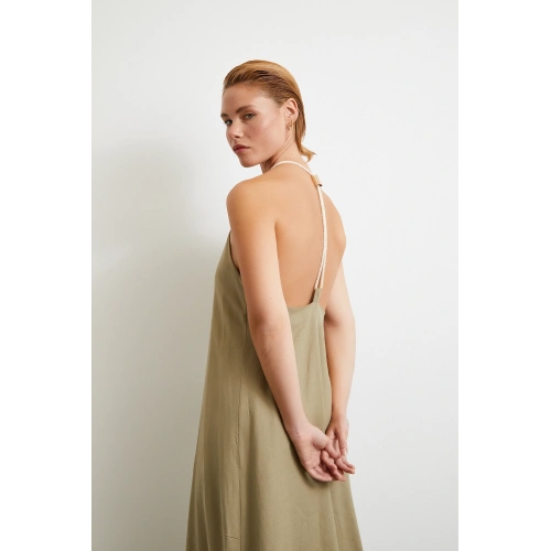 İp Askılı Keten Elbise Haki