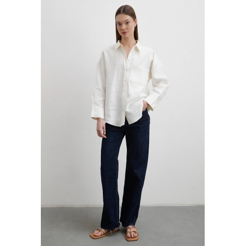 Jakar Dokulu Keten Gömlek Ekru