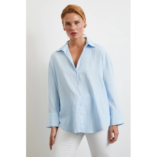 Kabartma Çizgili Oversize Gömlek Mavi