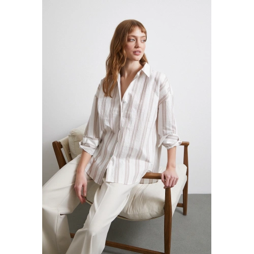 Kahve Çizgili Gömlek Ekru