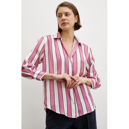 Kalın Çizgili Saten Gömlek Pembe