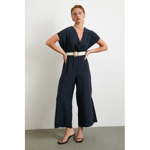 Kemer Detaylı Yarasa Kol Tulum Lacivert