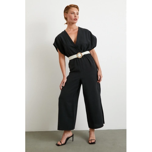 Kemer Detaylı Yarasa Kol Tulum Siyah