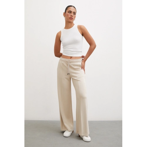 Kemeri Lastikli Pantolon Krem