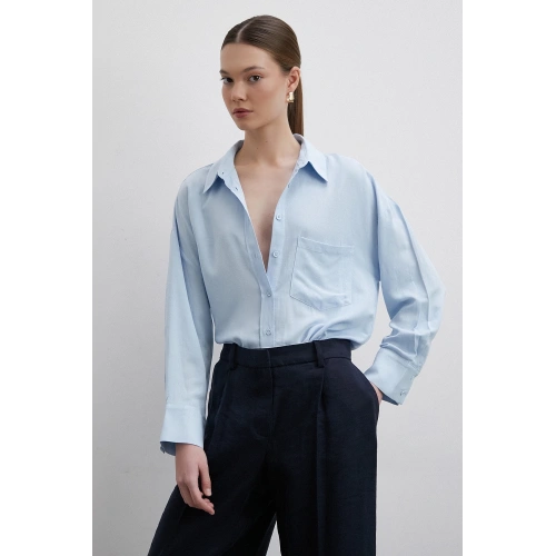 Keten Görünümlüı Linen Prunes Gömlek Mavi