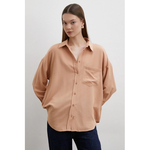 Keten Görünümlüı Linen Prunes Gömlek Pudra