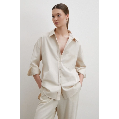 Keten Karışımlı Dökümlü Gömlek Bej