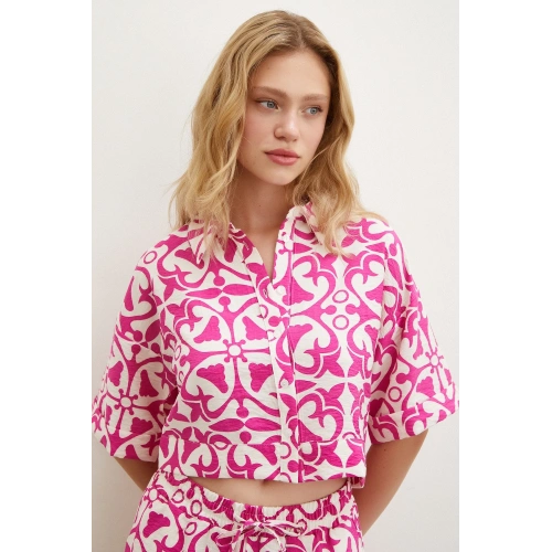 Kısa Kollu Crop Gömlek Fuşya