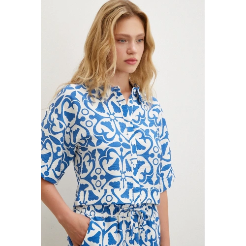 Kısa Kollu Crop Gömlek Mavi