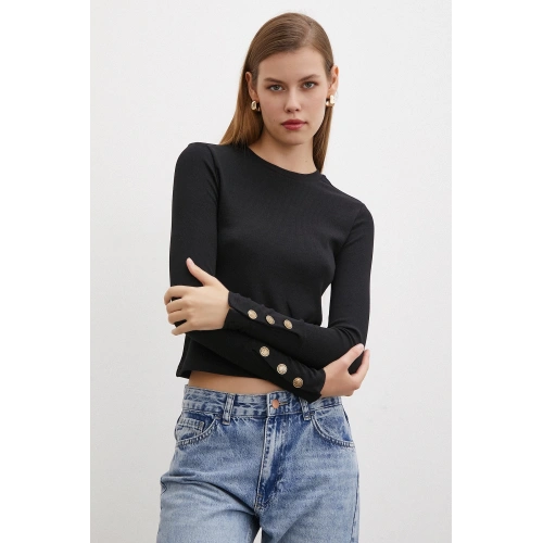 Kolu Düğmeli Bluz Siyah