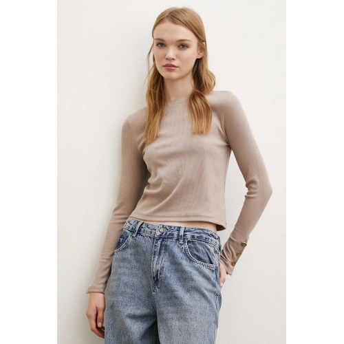 Kolu Düğmeli Bluz Vizon