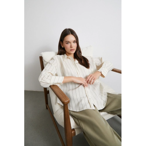 Kontrast Çizgili Modal Gömlek Haki