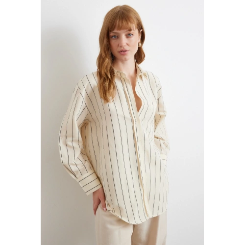 Kontrast Çizgili Modal Gömlek Siyah