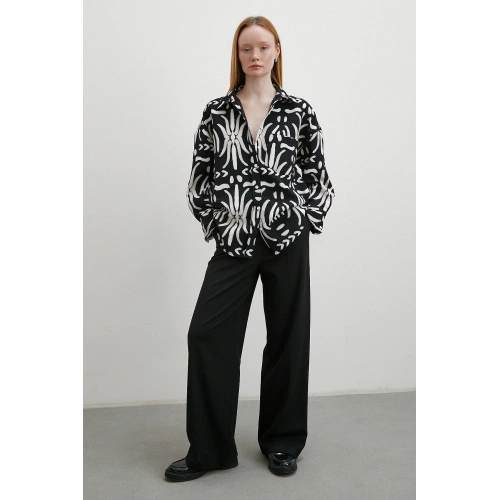 Kontrast Etnik Desen Krep Gömlek Siyah