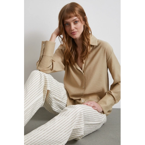 Kraşlı Saten Gömlek Bej