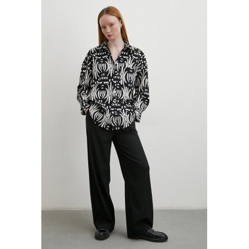 Krep Kontrast Desenli Gömlek Siyah