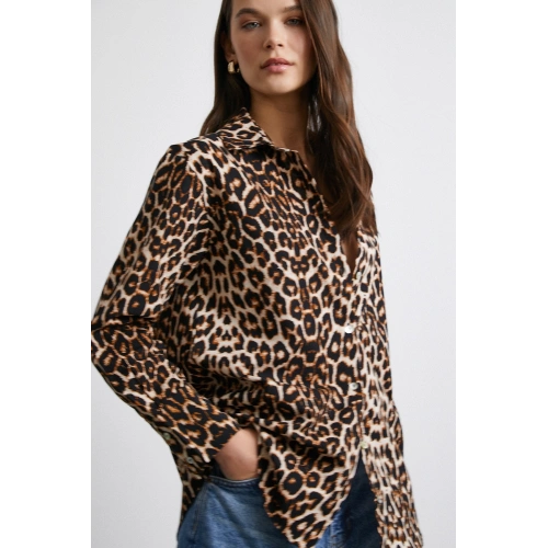 Leopar Desenli Poplin Gömlek Bej