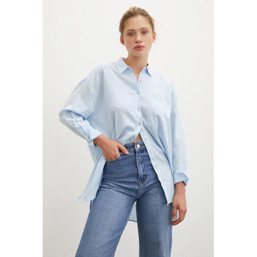 Midi Boy Keten Gömlek Mavi