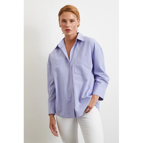 Modal Çizgili Oversize Gömlek Mavi