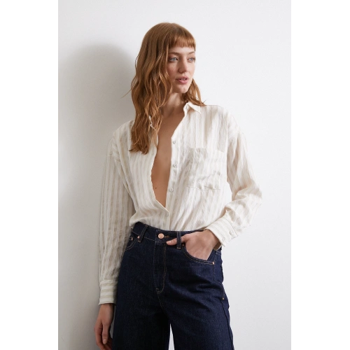 Multi Çizgili Cepli Gömlek Bej