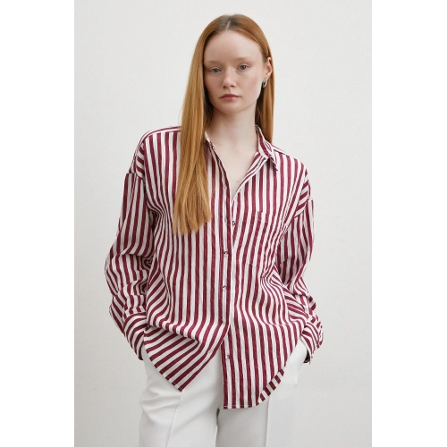 Multi Çizgili Cepli Gömlek Bordo